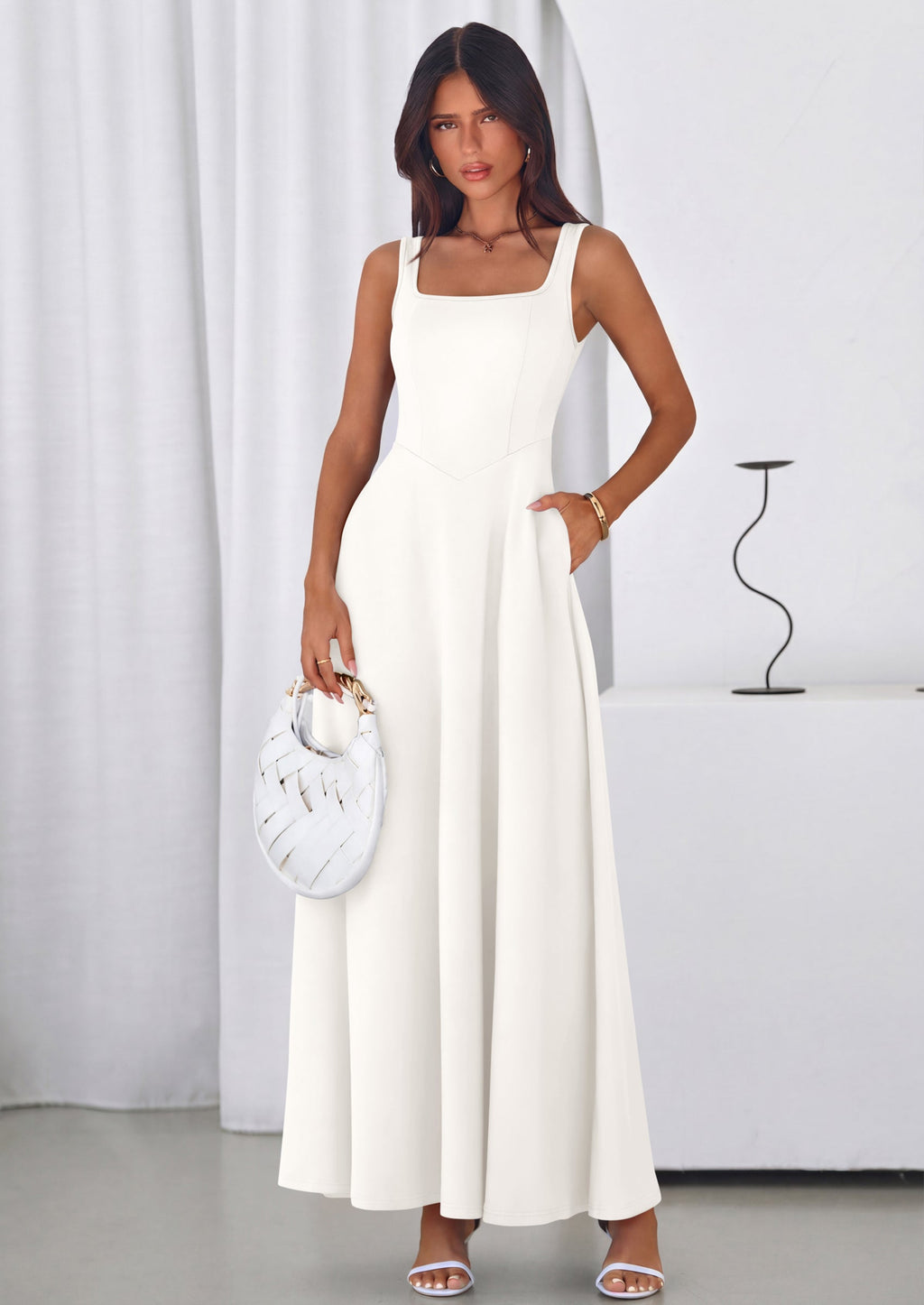 PRETTYGARDEN Womens Summer Dresses Sleeveless Elegant Square Neck Aline Swing Maxi Beach Wedding Guest Dress Pockets