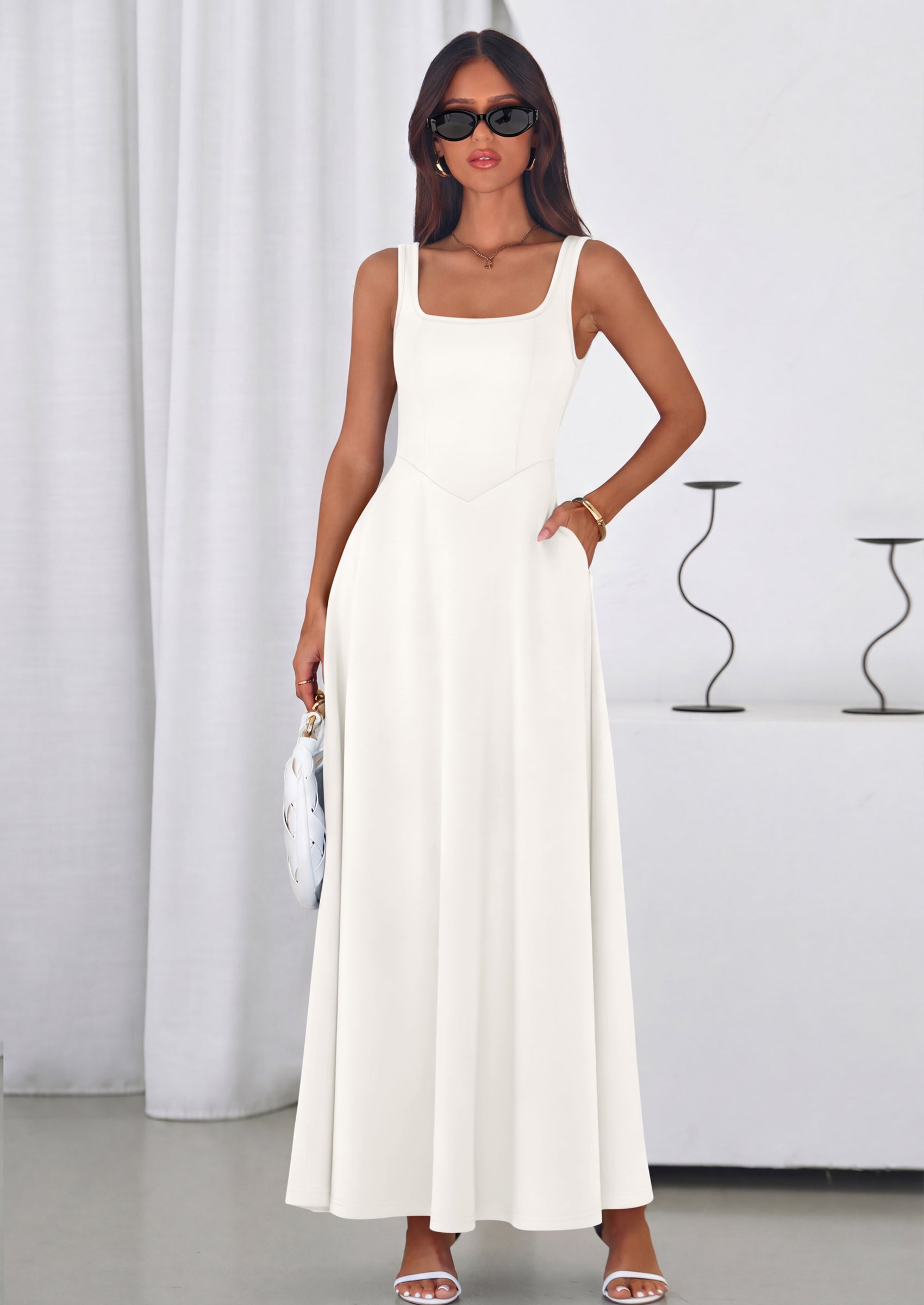 PRETTYGARDEN Womens Summer Dresses Sleeveless Elegant Square Neck Aline Swing Maxi Beach Wedding Guest Dress Pockets