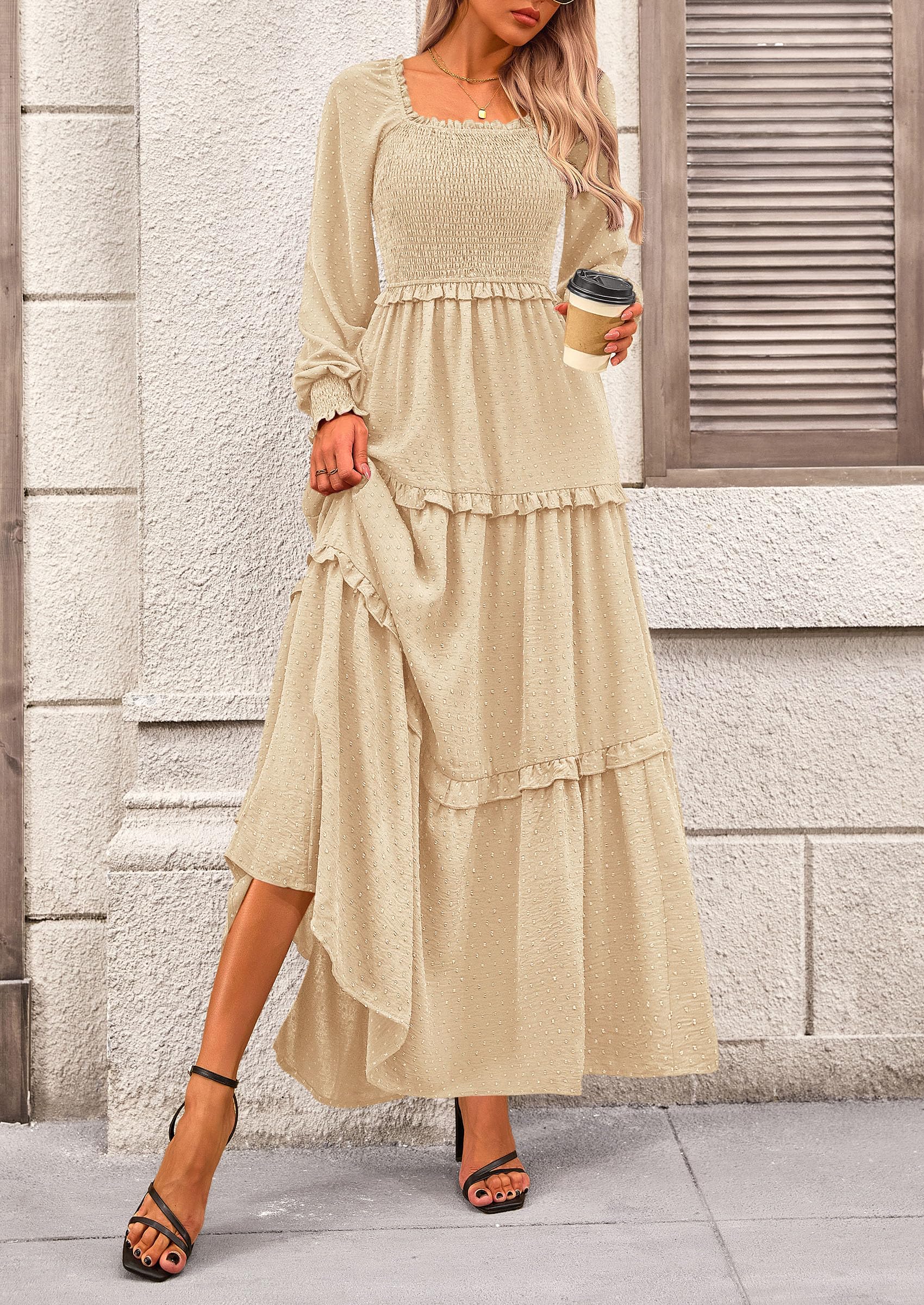 PRETTYGARDEN Women Fall Long Sleeve Smocked Maxi Dress Casual Square Neck Swiss Dot Tiered Ruffle Flowy Spring Pocket Dresses