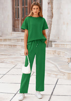PRETTYGARDEN 2 Piece Outfits For Women Casual Tracksuit Short Sleeve Tops And Wide Leg Long Pants Matching Lounge Sets