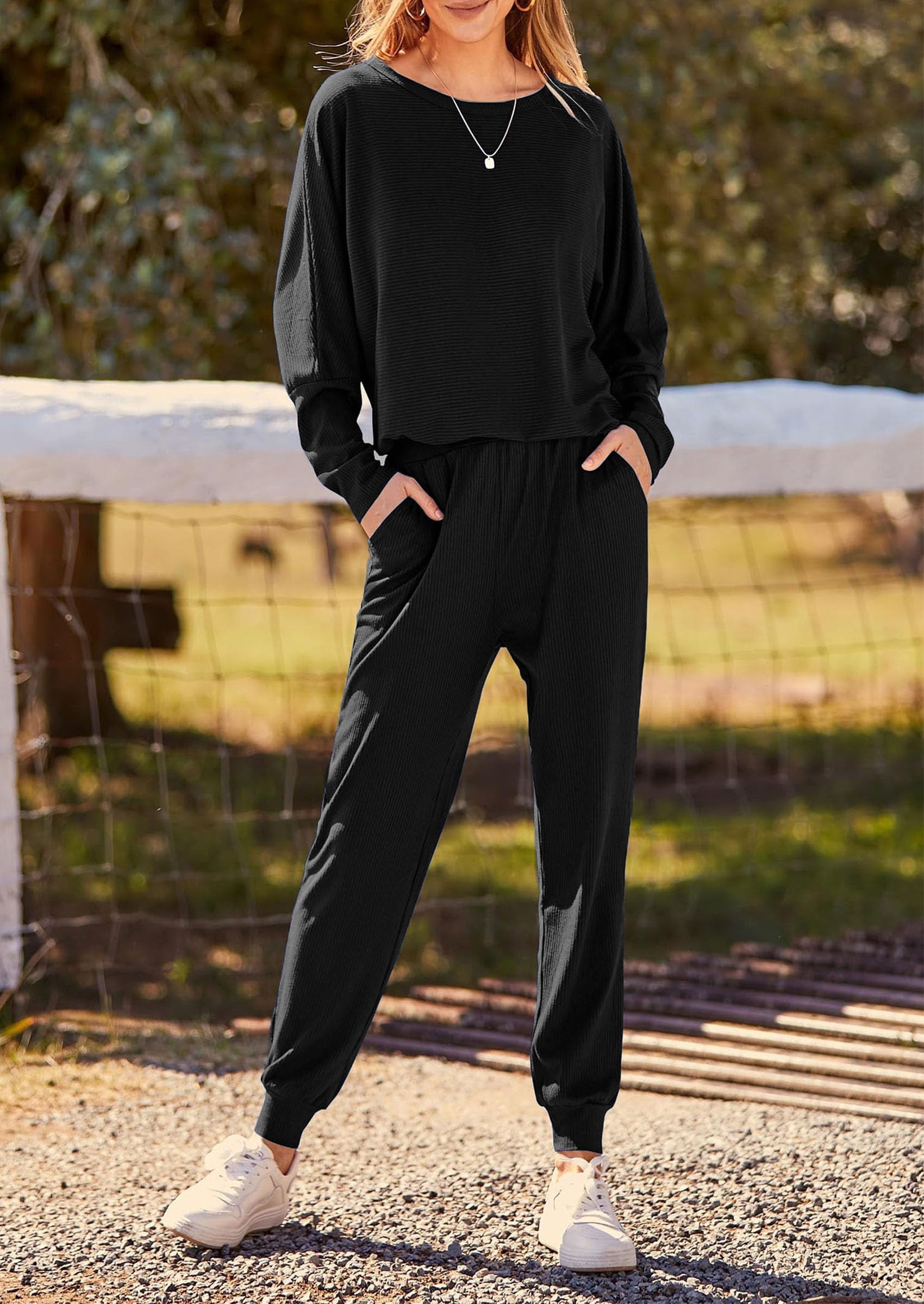 PRETTYGARDEN Women's Fall 2 Piece Lounge Set Long Sleeve Tops Ribbed Pants Spring Matching Sweatsuit Travel Outfits Clothes