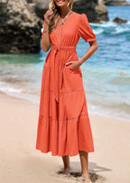PRETTYGARDEN Women's Midi Dress Casual Short Sleeve V Neck Buttons Belted Ruffle A Line Flowy Dress with Pockets