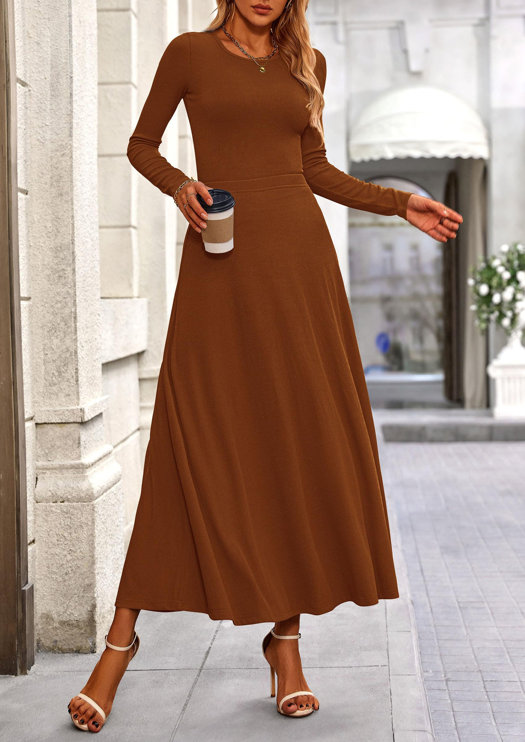 PRETTYGARDEN 2 Piece Casual Ribbed Knit Long Sleeve Crop Tops Maxi Flowy Skirts Matching Sets