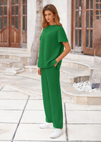 PRETTYGARDEN 2 Piece Outfits For Women Casual Tracksuit Short Sleeve Tops And Wide Leg Long Pants Matching Lounge Sets