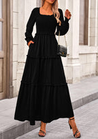 PRETTYGARDEN Women Fall Long Sleeve Smocked Maxi Dress Casual Square Neck Swiss Dot Tiered Ruffle Flowy Spring Pocket Dresses