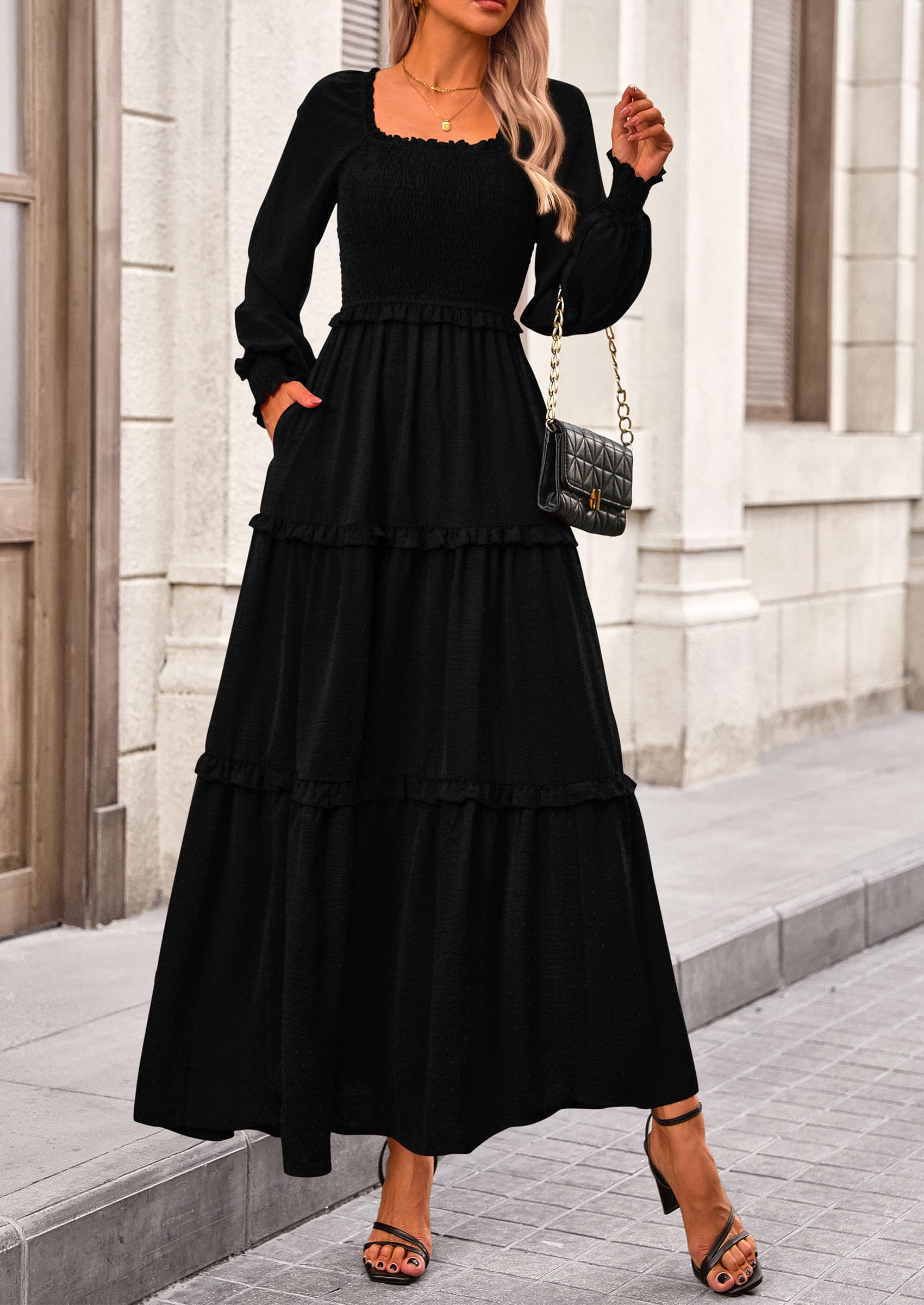 PRETTYGARDEN Women Fall Long Sleeve Smocked Maxi Dress Casual Square Neck Swiss Dot Tiered Ruffle Flowy Spring Pocket Dresses