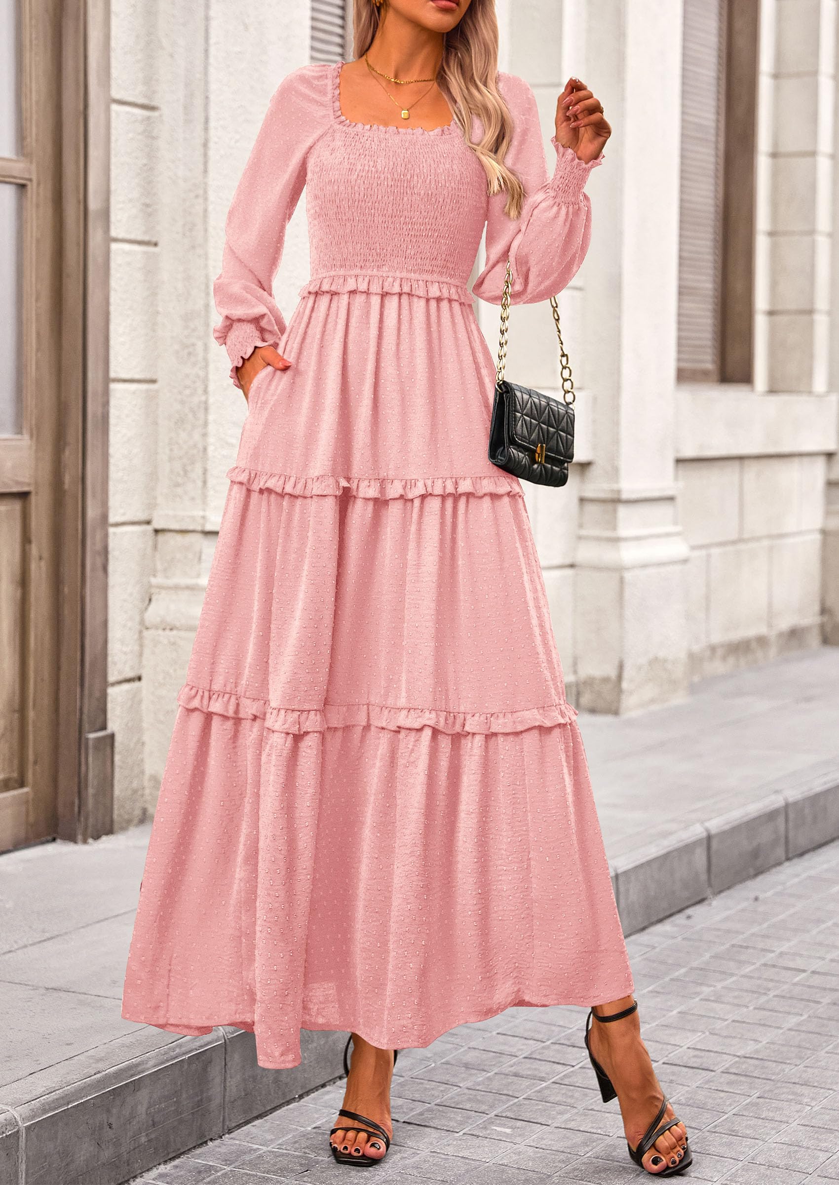 PRETTYGARDEN Women Fall Long Sleeve Smocked Maxi Dress Casual Square Neck Swiss Dot Tiered Ruffle Flowy Spring Pocket Dresses