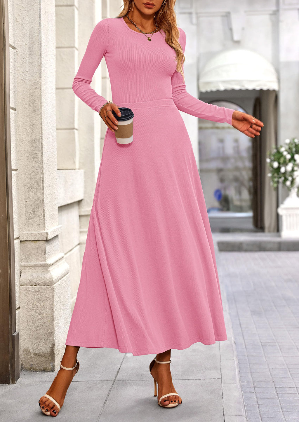 PRETTYGARDEN 2 Piece Casual Ribbed Knit Long Sleeve Crop Tops Maxi Flowy Skirts Matching Sets