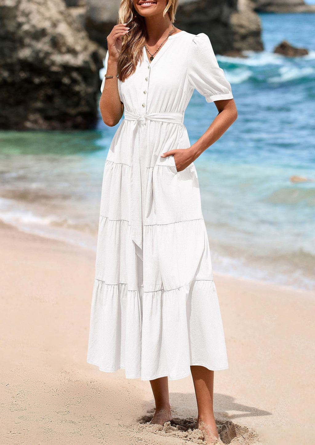 PRETTYGARDEN Women's Midi Dress Casual Short Sleeve V Neck Buttons Belted Ruffle A Line Flowy Dress with Pockets