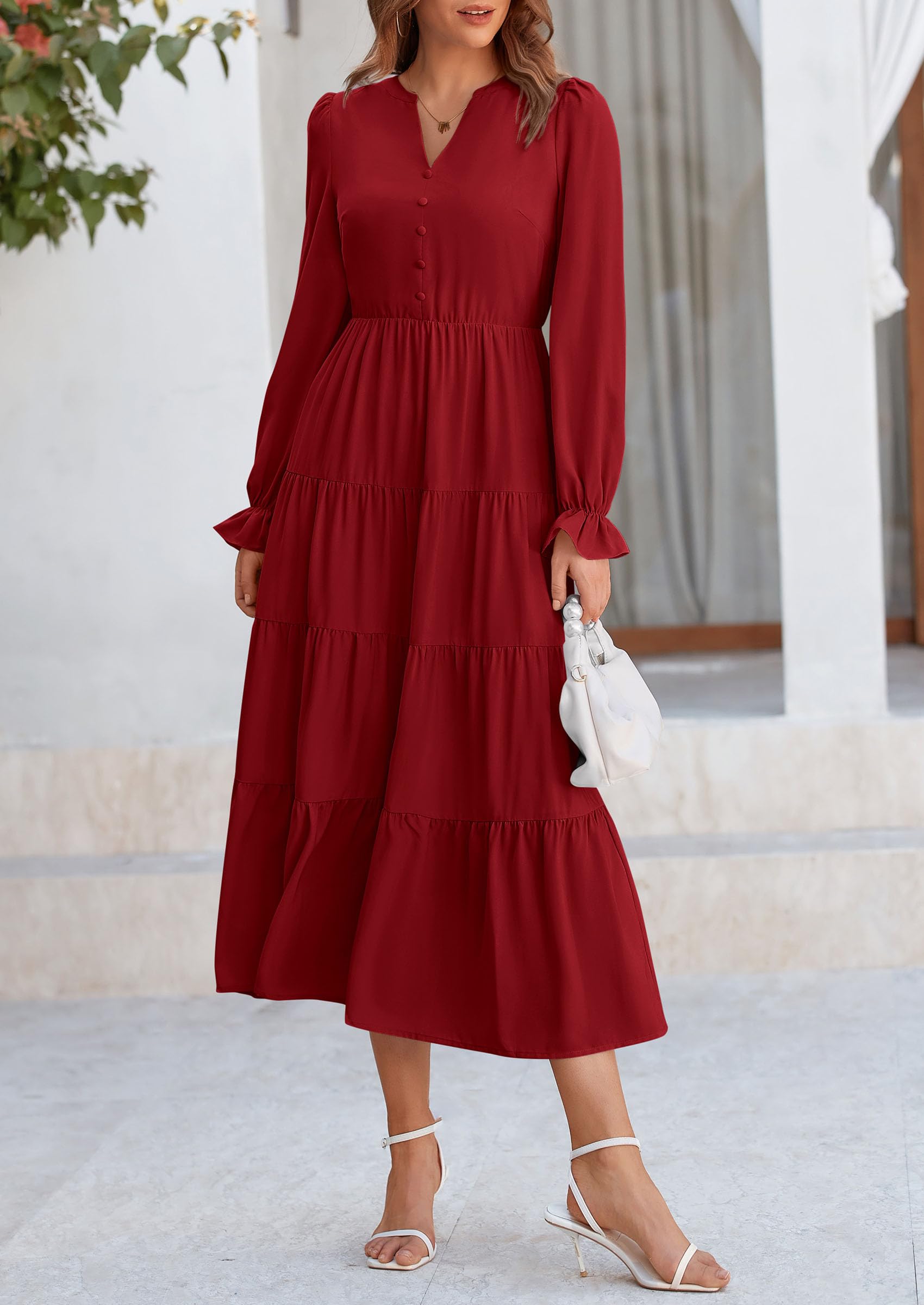 PRETTYGARDEN Women Fall Long Sleeve Smocked Maxi Dress Casual Square Neck Swiss Dot Tiered Ruffle Flowy Spring Pocket Dresses