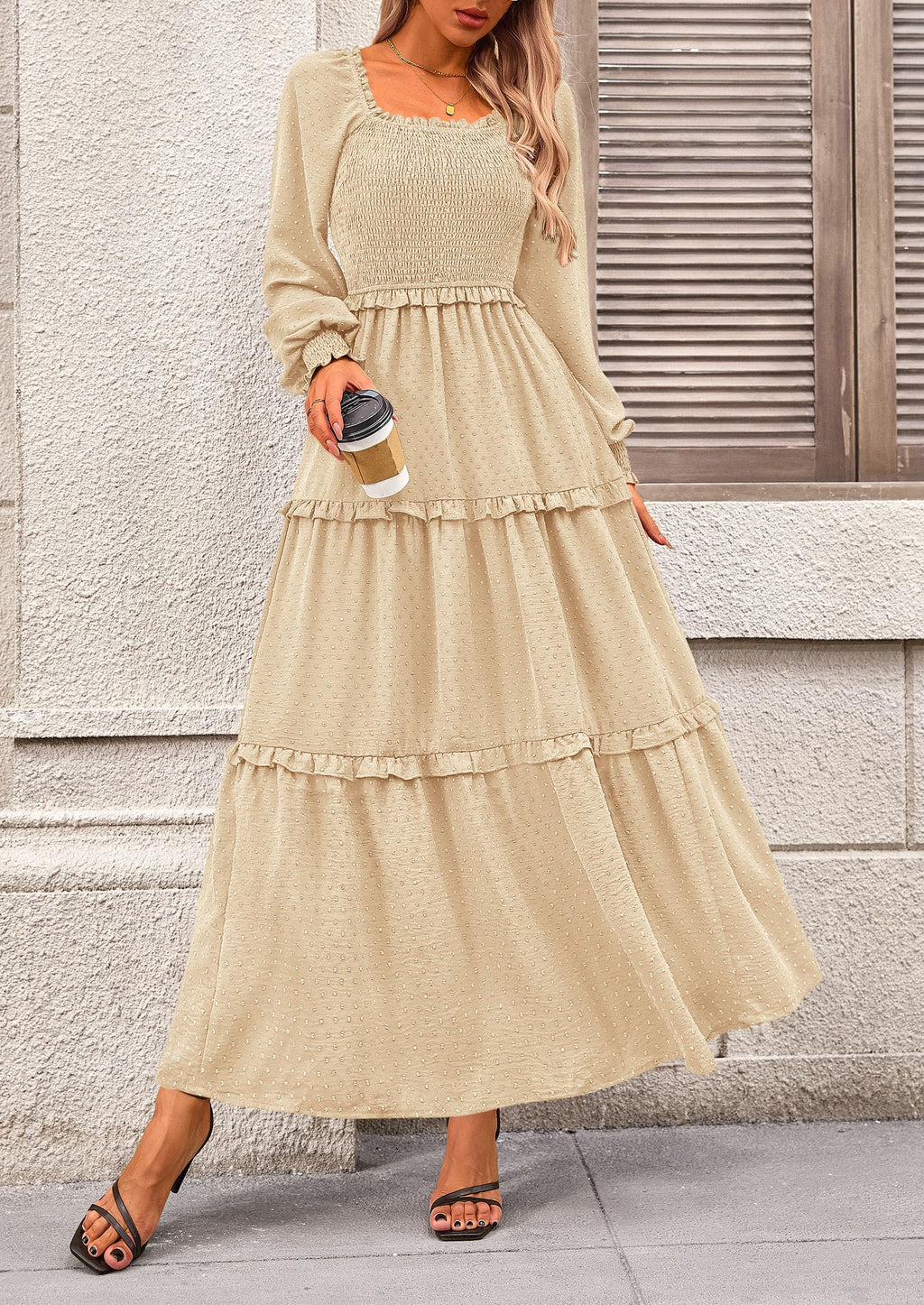 PRETTYGARDEN Women Fall Long Sleeve Smocked Maxi Dress Casual Square Neck Swiss Dot Tiered Ruffle Flowy Spring Pocket Dresses