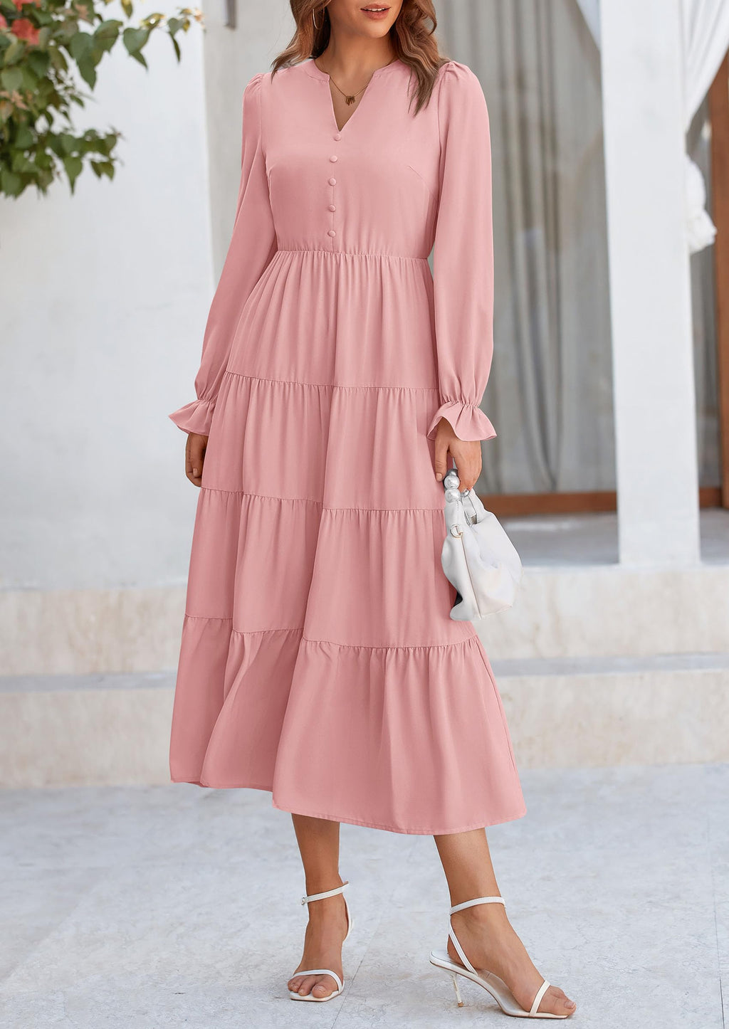 PRETTYGARDEN Women Fall Long Sleeve Smocked Maxi Dress Casual Square Neck Swiss Dot Tiered Ruffle Flowy Spring Pocket Dresses
