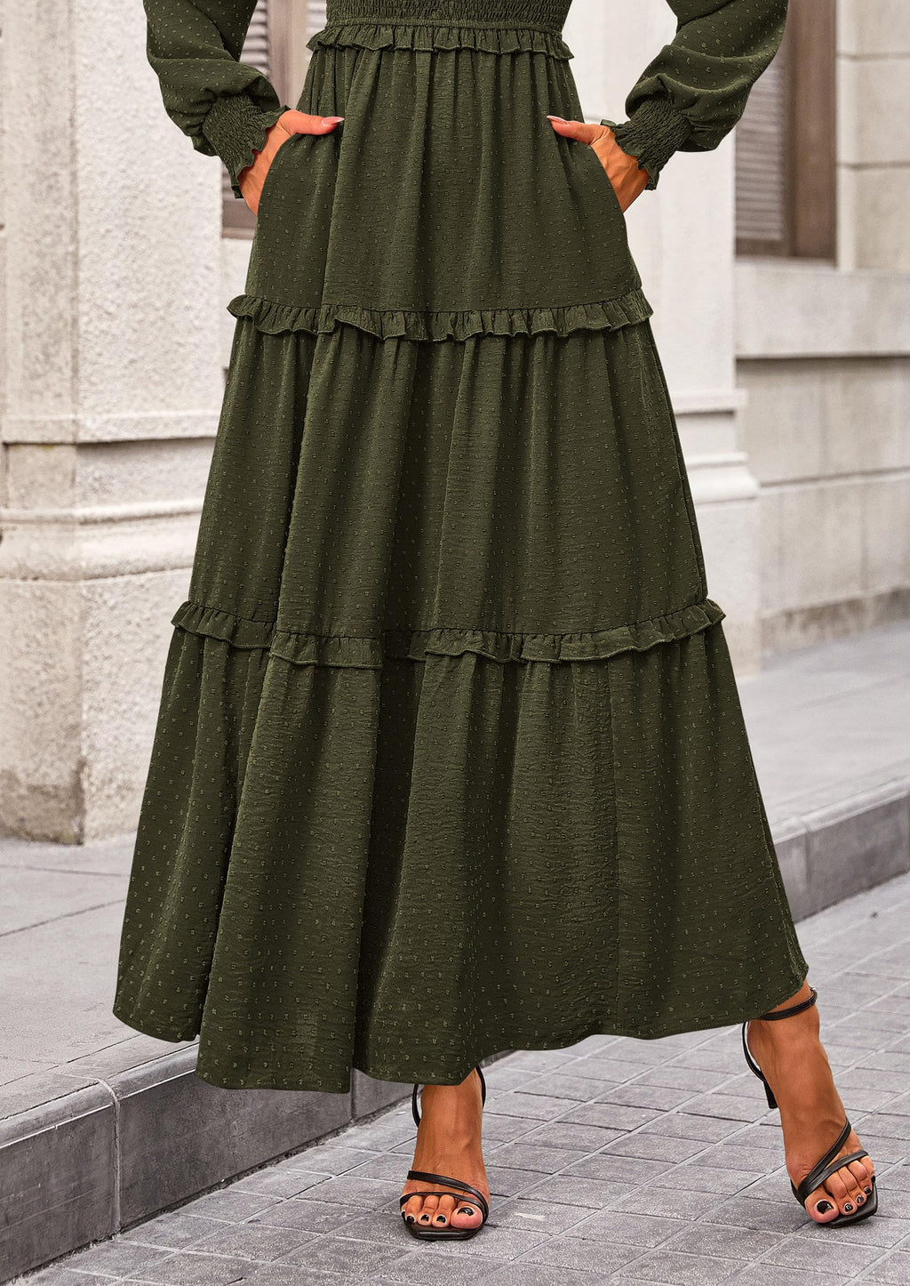 PRETTYGARDEN Women Fall Long Sleeve Smocked Maxi Dress Casual Square Neck Swiss Dot Tiered Ruffle Flowy Spring Pocket Dresses