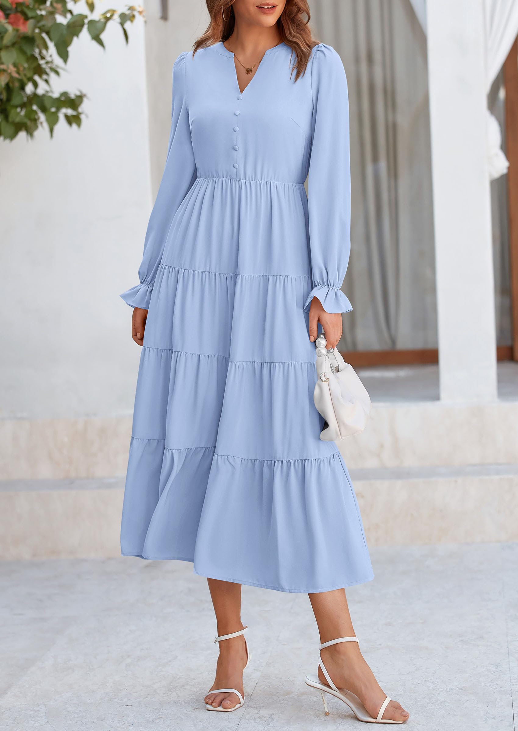 PRETTYGARDEN Women Fall Long Sleeve Smocked Maxi Dress Casual Square Neck Swiss Dot Tiered Ruffle Flowy Spring Pocket Dresses