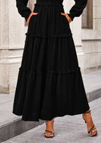 PRETTYGARDEN Women Fall Long Sleeve Smocked Maxi Dress Casual Square Neck Swiss Dot Tiered Ruffle Flowy Spring Pocket Dresses