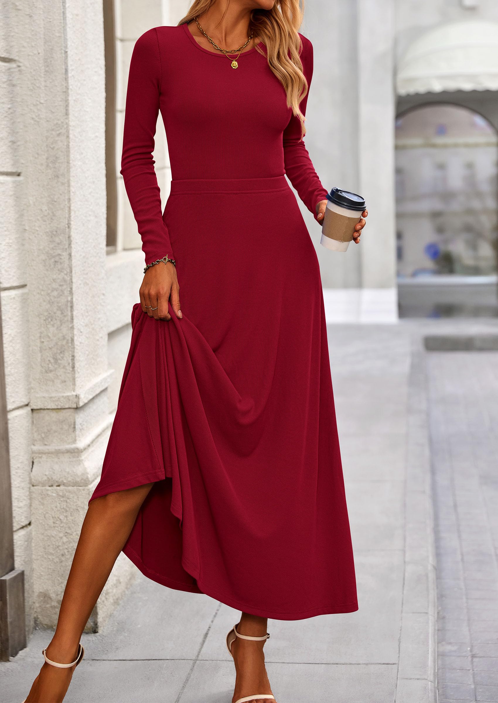 PRETTYGARDEN 2 Piece Casual Ribbed Knit Long Sleeve Crop Tops Maxi Flowy Skirts Matching Sets