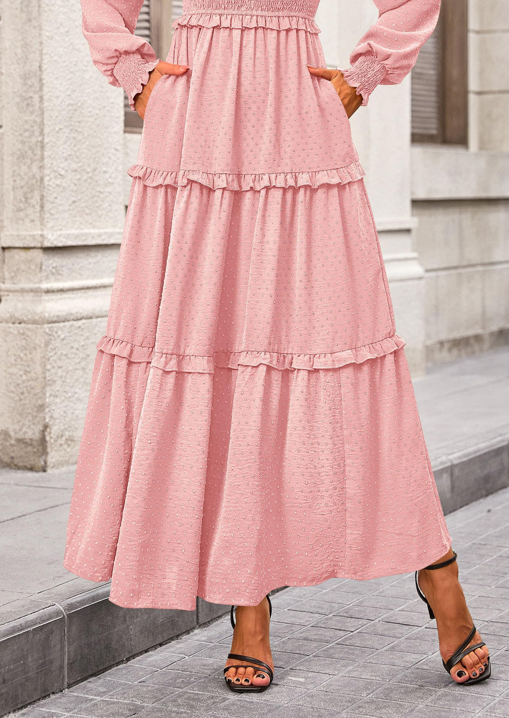 PRETTYGARDEN Women Fall Long Sleeve Smocked Maxi Dress Casual Square Neck Swiss Dot Tiered Ruffle Flowy Spring Pocket Dresses