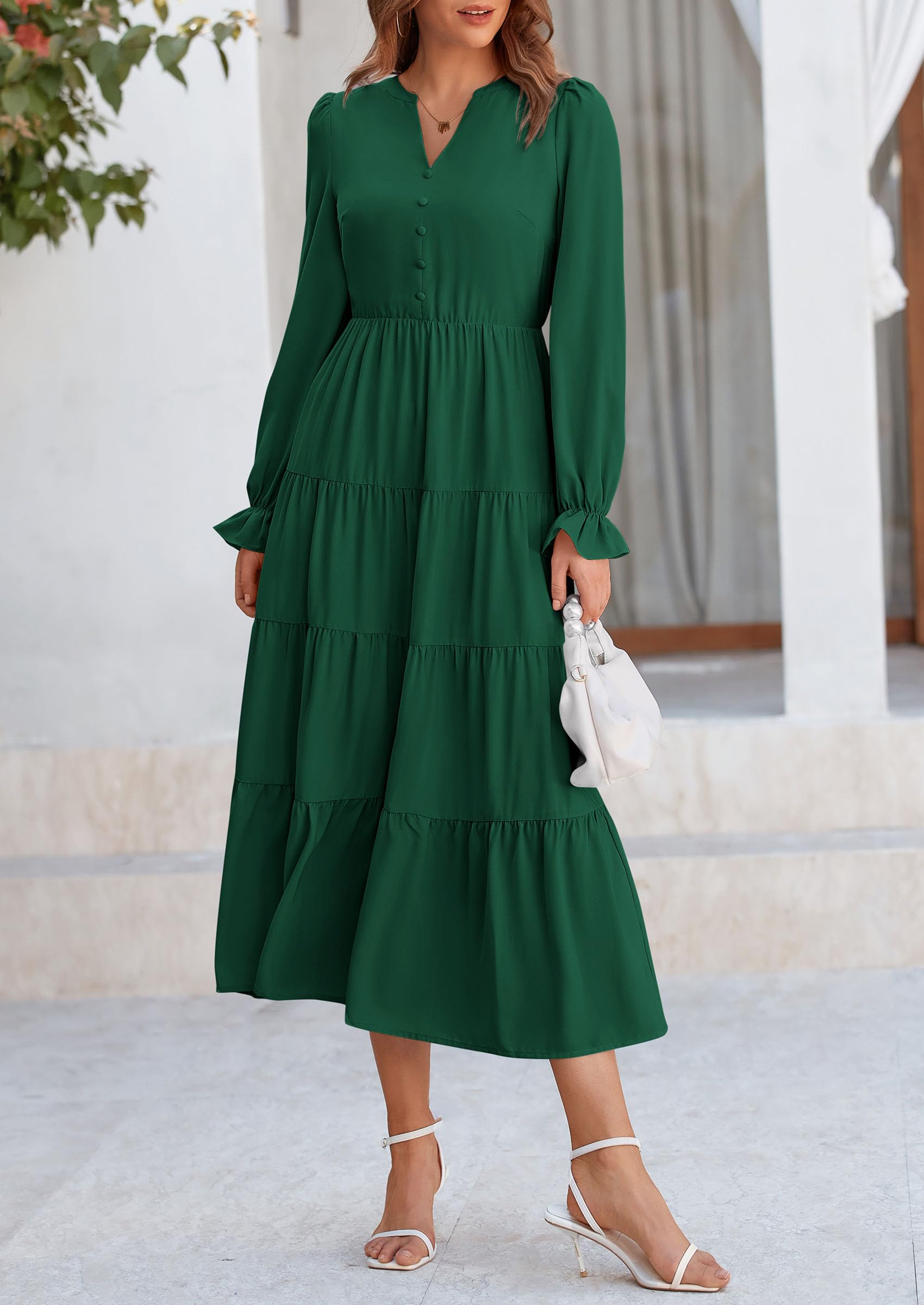 PRETTYGARDEN Women Fall Long Sleeve Smocked Maxi Dress Casual Square Neck Swiss Dot Tiered Ruffle Flowy Spring Pocket Dresses