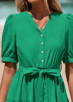 PRETTYGARDEN Women's Midi Dress Casual Short Sleeve V Neck Buttons Belted Ruffle A Line Flowy Dress with Pockets