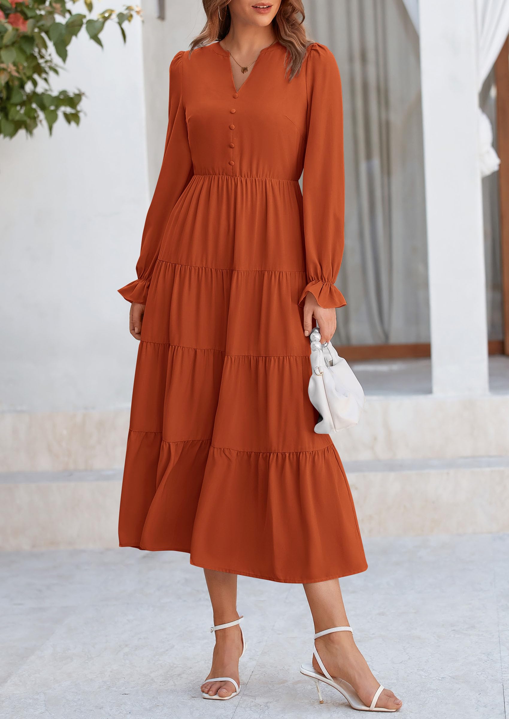 PRETTYGARDEN Women Fall Long Sleeve Smocked Maxi Dress Casual Square Neck Swiss Dot Tiered Ruffle Flowy Spring Pocket Dresses