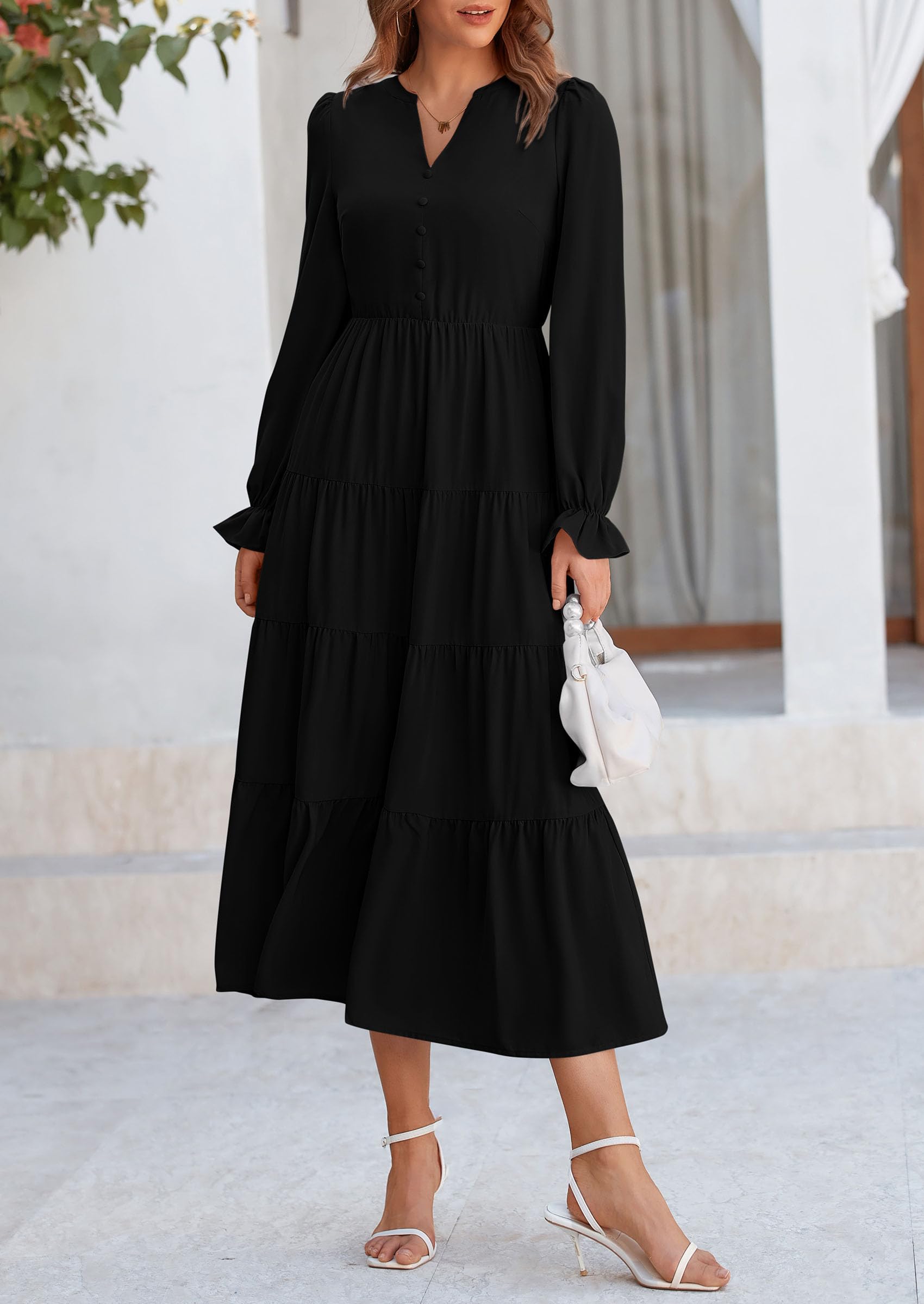 PRETTYGARDEN Women Fall Long Sleeve Smocked Maxi Dress Casual Square Neck Swiss Dot Tiered Ruffle Flowy Spring Pocket Dresses