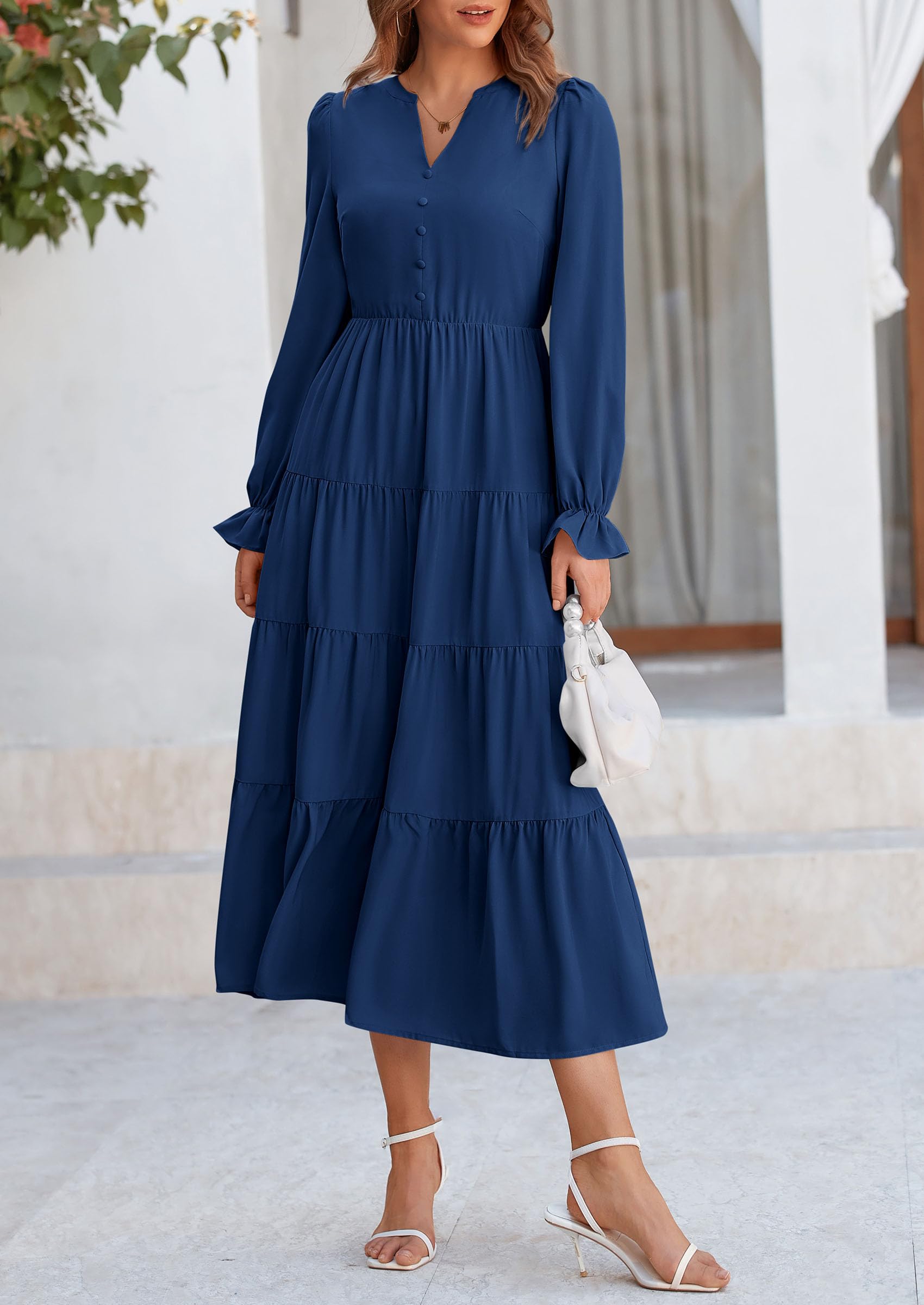PRETTYGARDEN Women Fall Long Sleeve Smocked Maxi Dress Casual Square Neck Swiss Dot Tiered Ruffle Flowy Spring Pocket Dresses