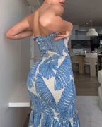 ChicMe Women's Tropical Floral Print Smocked Maxi Dress Ruched Bandeau Cutout Summer Vacation Dress Elegant Shirred Ruffle Hem Mermaid Beach Dress/Summer Dress/Seaside Vacation Sleeveless Skirt