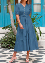 PRETTYGARDEN Women's Midi Dress Casual Short Sleeve V Neck Buttons Belted Ruffle A Line Flowy Dress with Pockets