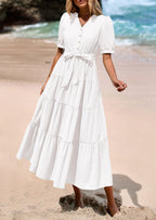 PRETTYGARDEN Women's Midi Dress Casual Short Sleeve V Neck Buttons Belted Ruffle A Line Flowy Dress with Pockets