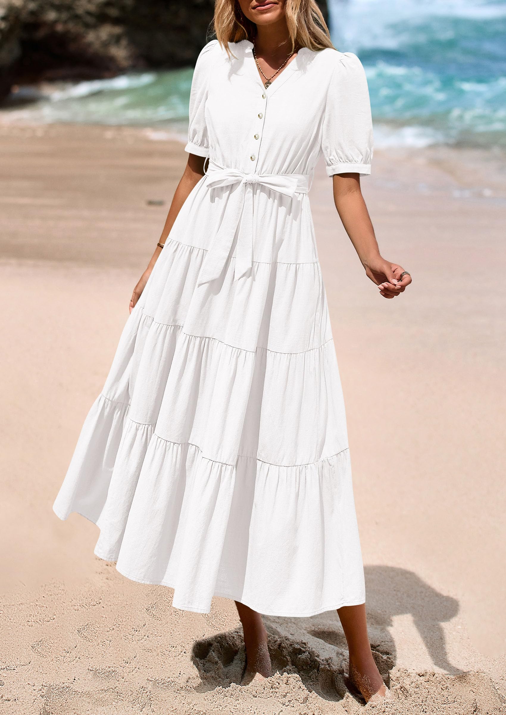 PRETTYGARDEN Women's Midi Dress Casual Short Sleeve V Neck Buttons Belted Ruffle A Line Flowy Dress with Pockets