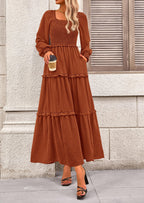 PRETTYGARDEN Women Fall Long Sleeve Smocked Maxi Dress Casual Square Neck Swiss Dot Tiered Ruffle Flowy Spring Pocket Dresses