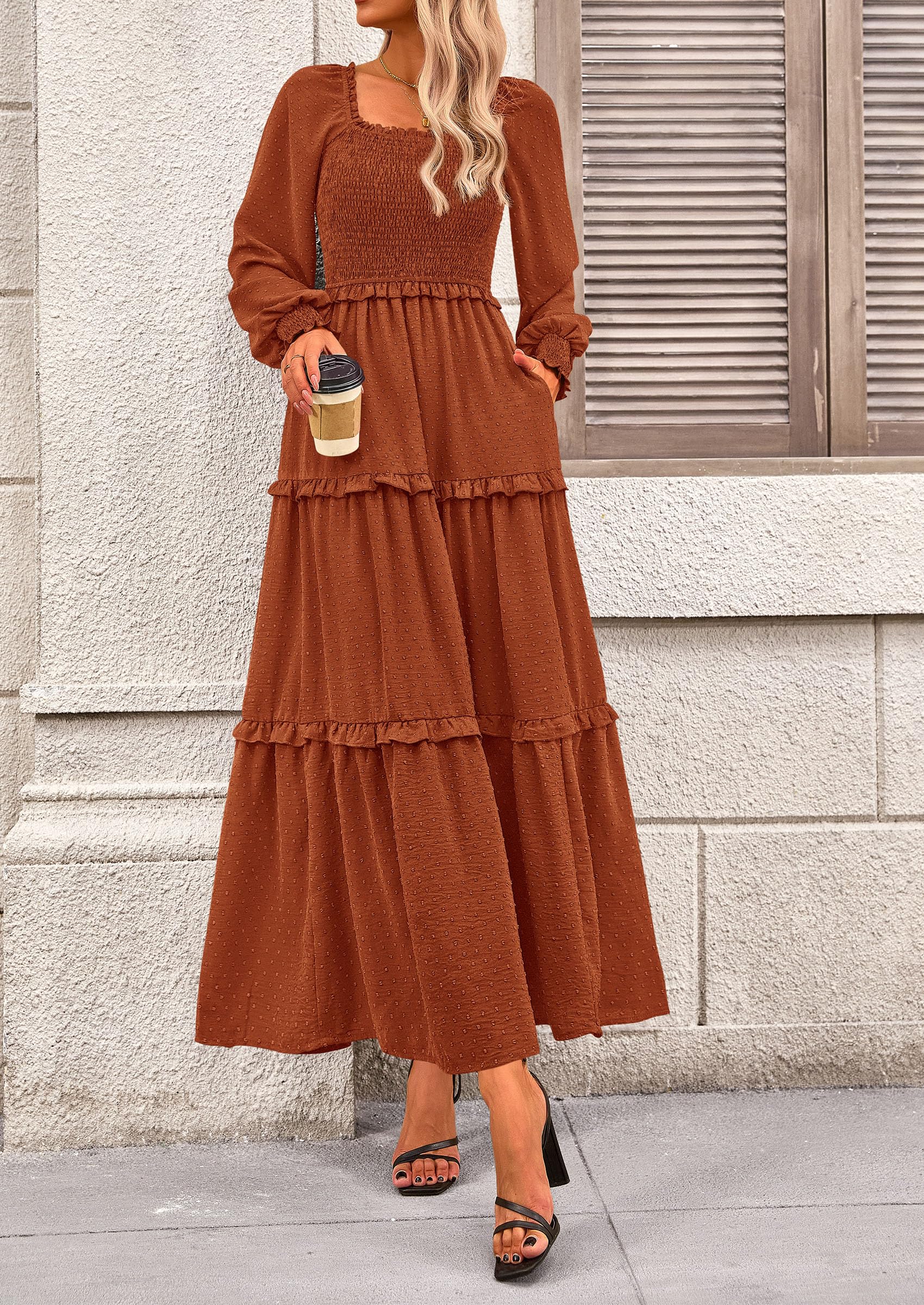PRETTYGARDEN Women Fall Long Sleeve Smocked Maxi Dress Casual Square Neck Swiss Dot Tiered Ruffle Flowy Spring Pocket Dresses