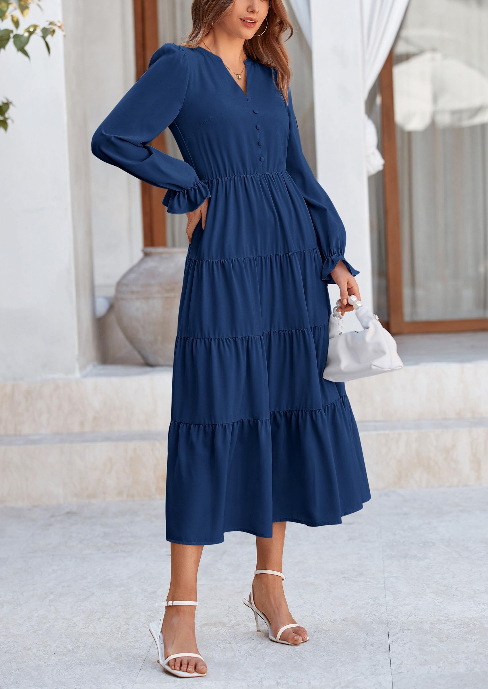 PRETTYGARDEN Women Fall Long Sleeve Smocked Maxi Dress Casual Square Neck Swiss Dot Tiered Ruffle Flowy Spring Pocket Dresses