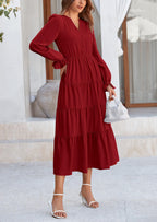 PRETTYGARDEN Women Fall Long Sleeve Smocked Maxi Dress Casual Square Neck Swiss Dot Tiered Ruffle Flowy Spring Pocket Dresses