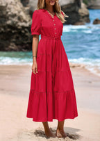 PRETTYGARDEN Women's Midi Dress Casual Short Sleeve V Neck Buttons Belted Ruffle A Line Flowy Dress with Pockets