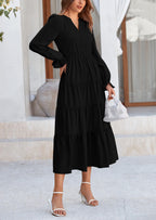 PRETTYGARDEN Women Fall Long Sleeve Smocked Maxi Dress Casual Square Neck Swiss Dot Tiered Ruffle Flowy Spring Pocket Dresses