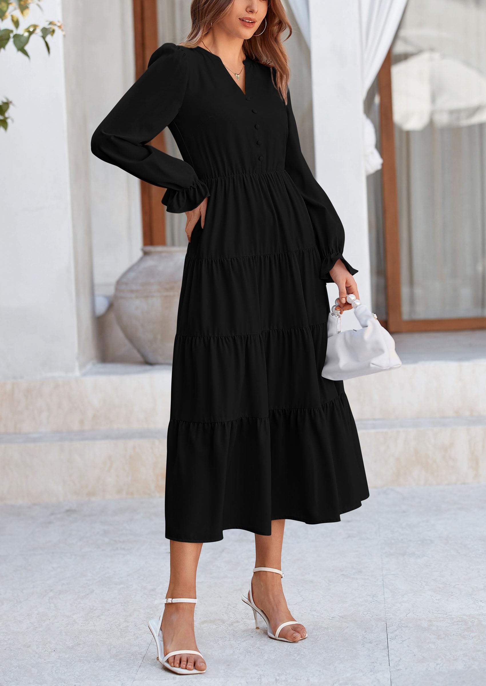 PRETTYGARDEN Women Fall Long Sleeve Smocked Maxi Dress Casual Square Neck Swiss Dot Tiered Ruffle Flowy Spring Pocket Dresses