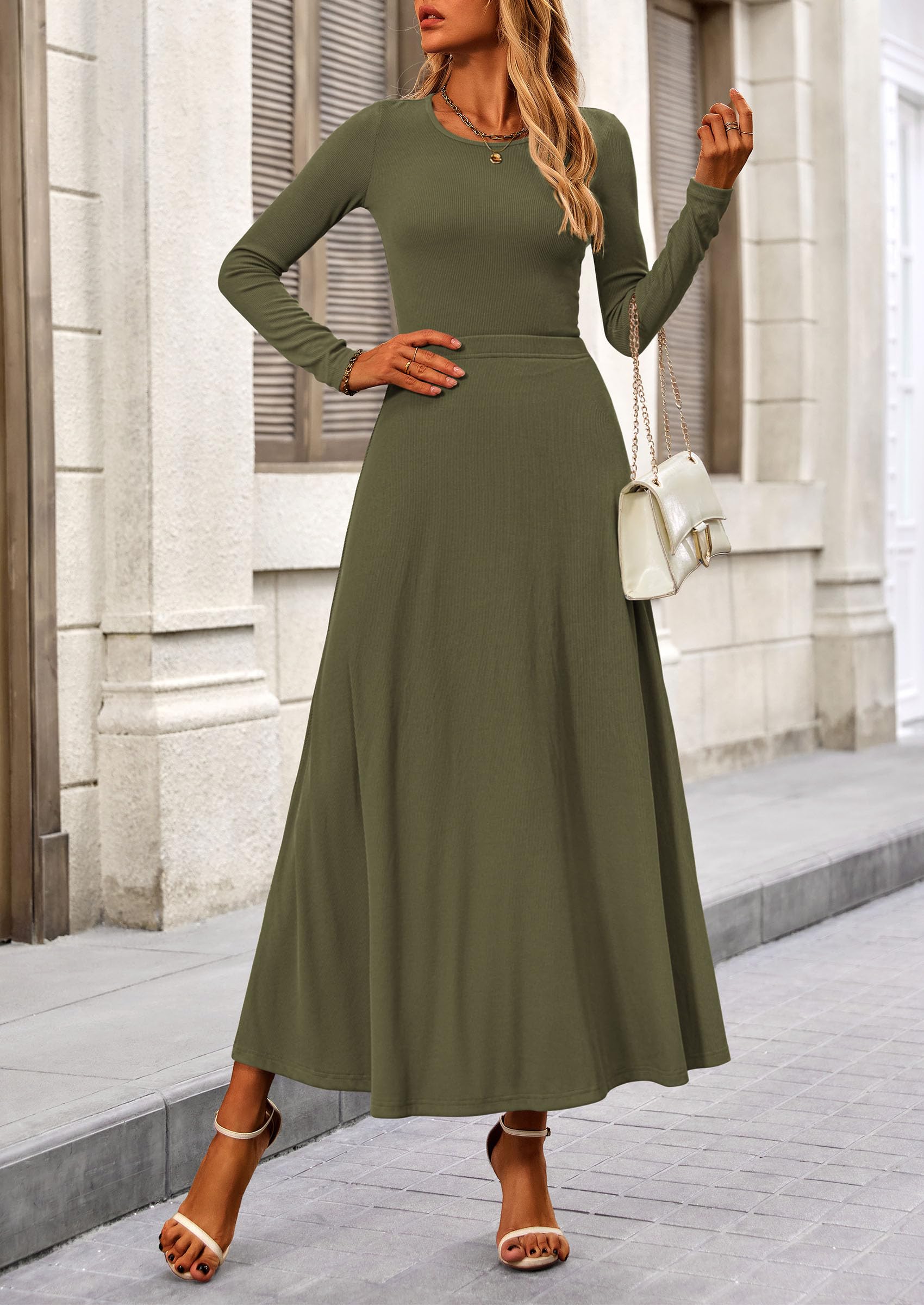 PRETTYGARDEN 2 Piece Casual Ribbed Knit Long Sleeve Crop Tops Maxi Flowy Skirts Matching Sets