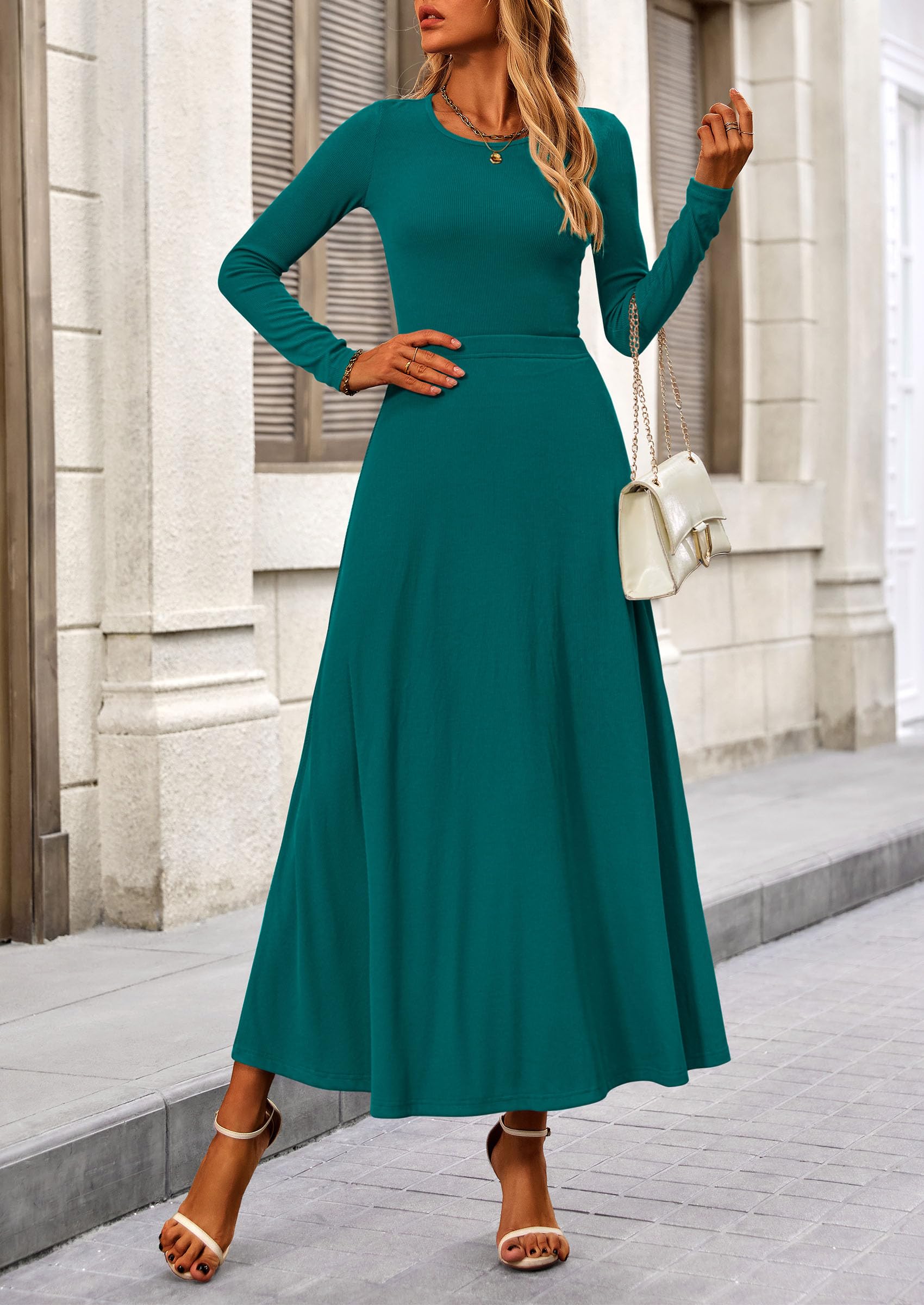 PRETTYGARDEN 2 Piece Casual Ribbed Knit Long Sleeve Crop Tops Maxi Flowy Skirts Matching Sets