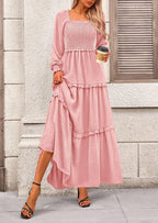PRETTYGARDEN Women Fall Long Sleeve Smocked Maxi Dress Casual Square Neck Swiss Dot Tiered Ruffle Flowy Spring Pocket Dresses
