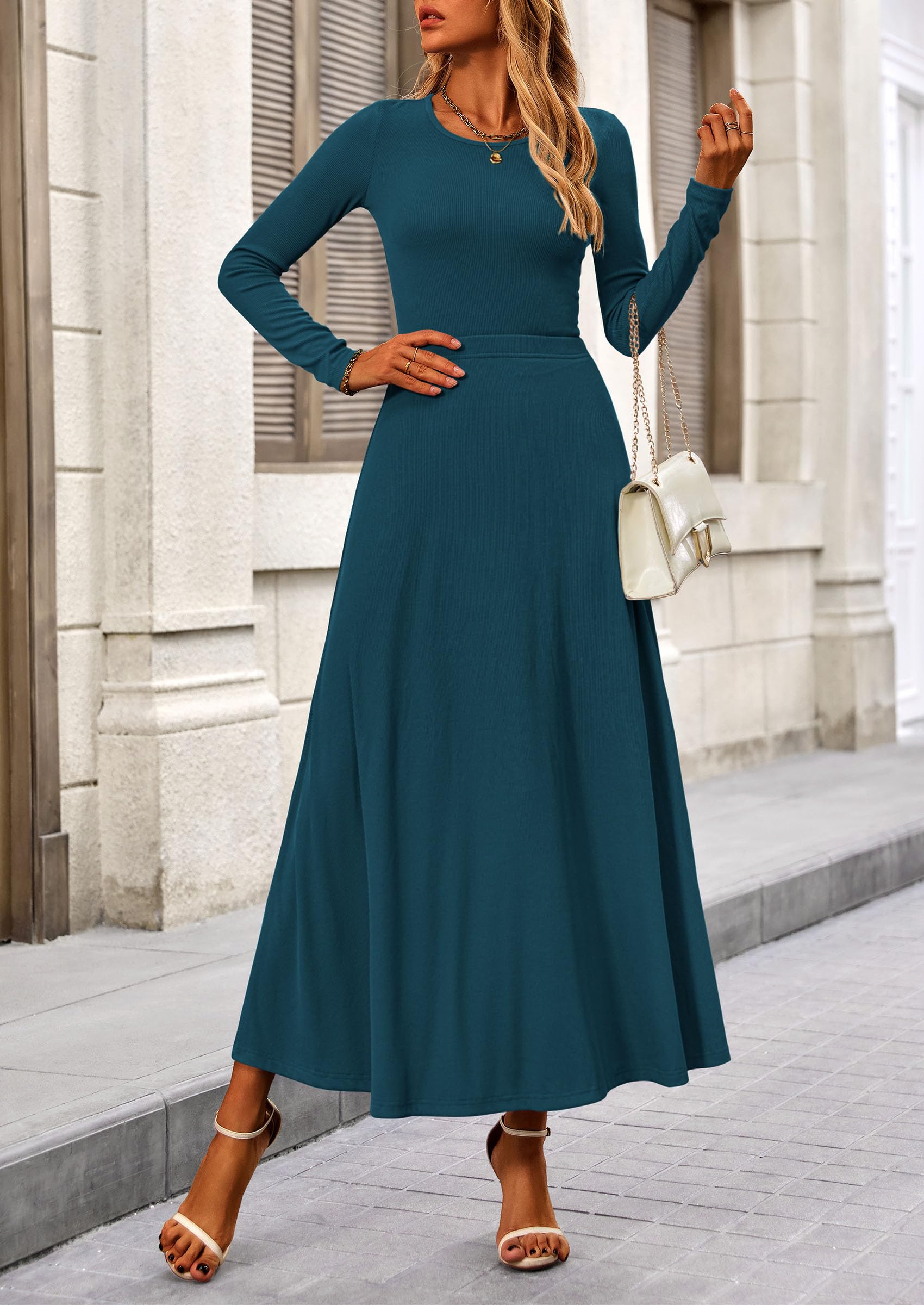 PRETTYGARDEN 2 Piece Casual Ribbed Knit Long Sleeve Crop Tops Maxi Flowy Skirts Matching Sets