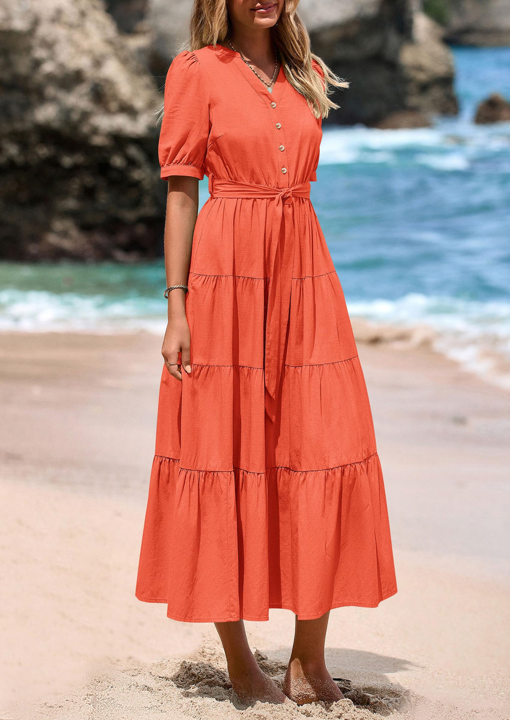 PRETTYGARDEN Women's Midi Dress Casual Short Sleeve V Neck Buttons Belted Ruffle A Line Flowy Dress with Pockets