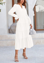 PRETTYGARDEN Women Fall Long Sleeve Smocked Maxi Dress Casual Square Neck Swiss Dot Tiered Ruffle Flowy Spring Pocket Dresses