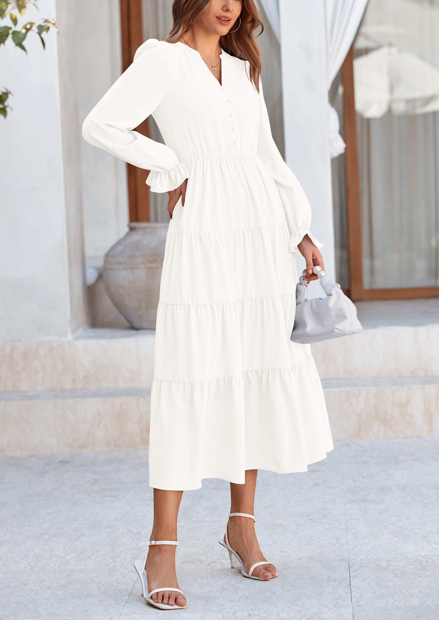 PRETTYGARDEN Women Fall Long Sleeve Smocked Maxi Dress Casual Square Neck Swiss Dot Tiered Ruffle Flowy Spring Pocket Dresses