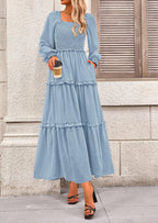 PRETTYGARDEN Women Fall Long Sleeve Smocked Maxi Dress Casual Square Neck Swiss Dot Tiered Ruffle Flowy Spring Pocket Dresses