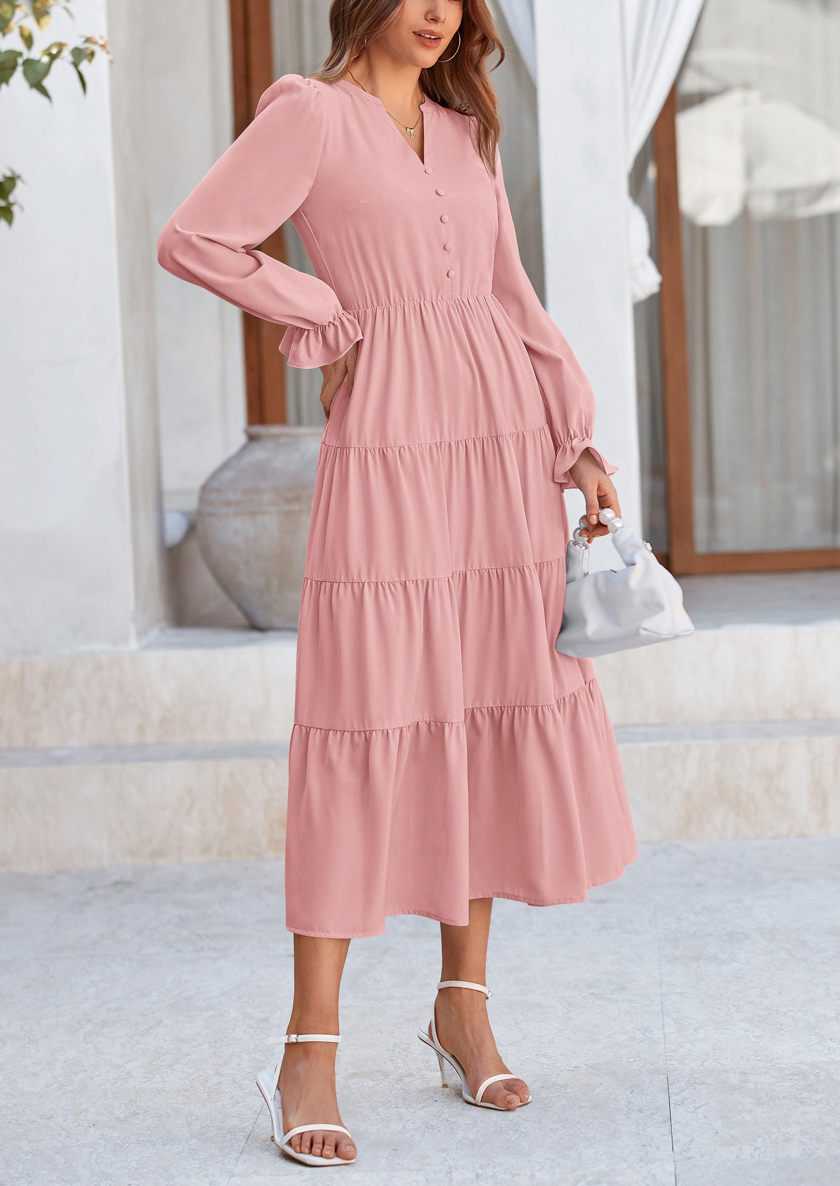 PRETTYGARDEN Women Fall Long Sleeve Smocked Maxi Dress Casual Square Neck Swiss Dot Tiered Ruffle Flowy Spring Pocket Dresses
