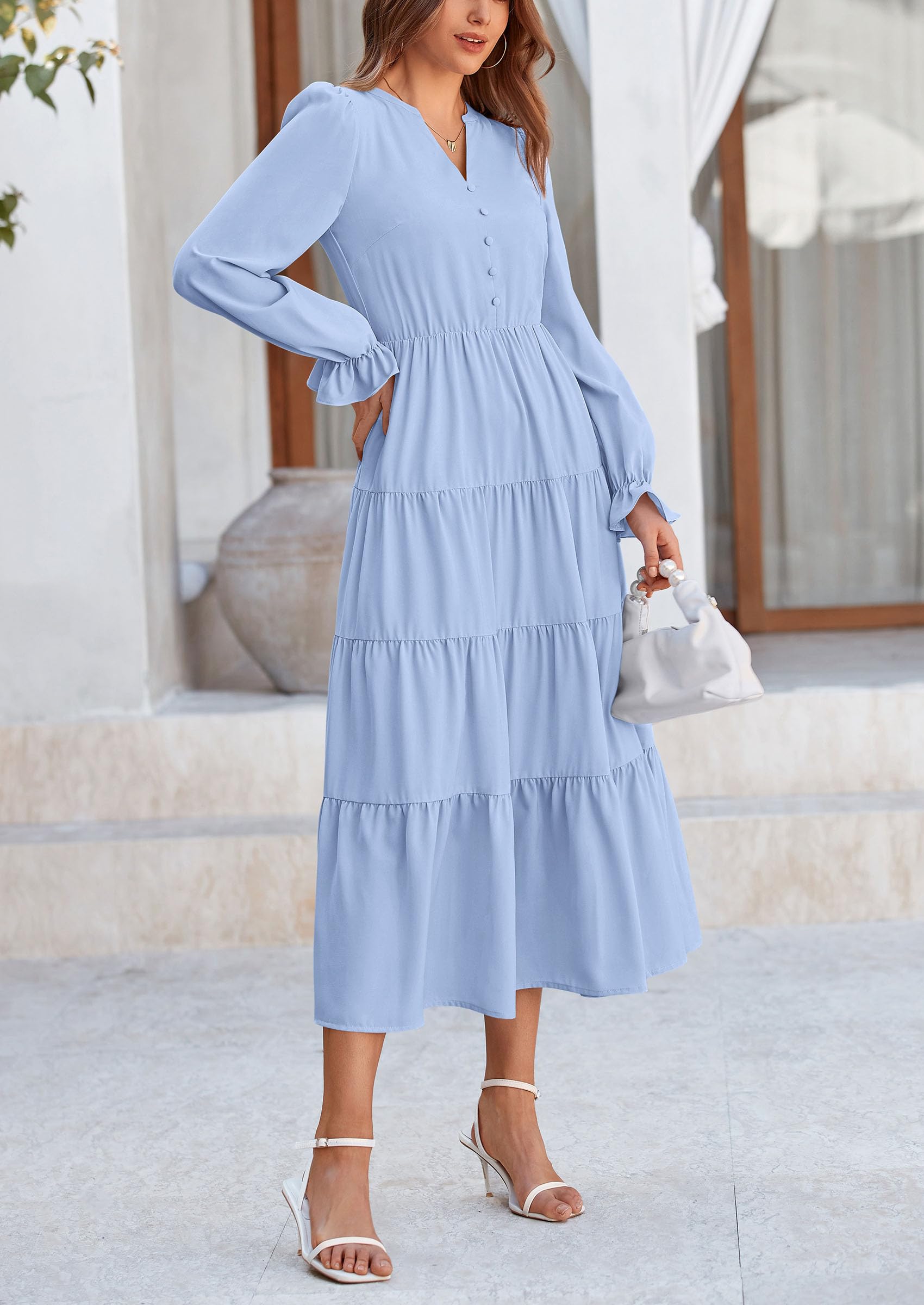 PRETTYGARDEN Women Fall Long Sleeve Smocked Maxi Dress Casual Square Neck Swiss Dot Tiered Ruffle Flowy Spring Pocket Dresses