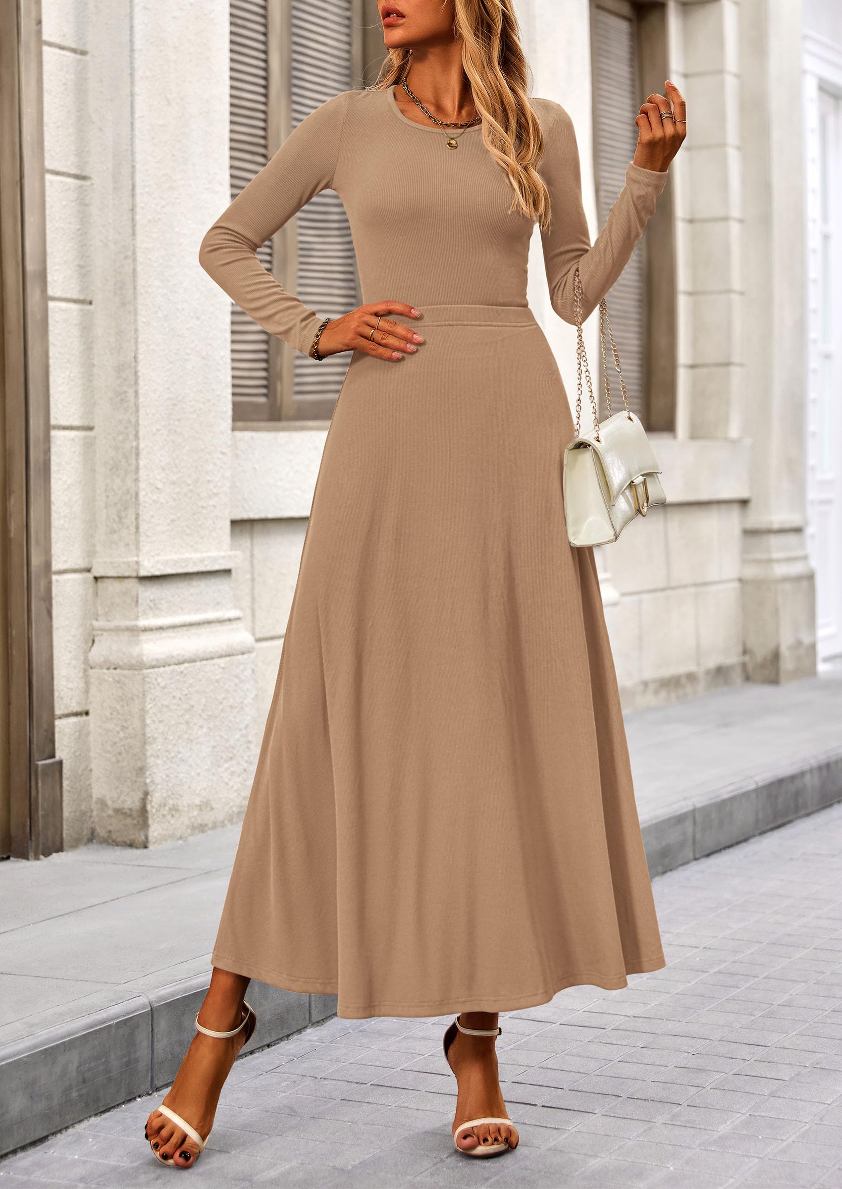 PRETTYGARDEN 2 Piece Casual Ribbed Knit Long Sleeve Crop Tops Maxi Flowy Skirts Matching Sets