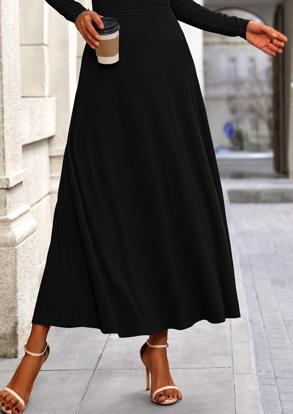 PRETTYGARDEN 2 Piece Casual Ribbed Knit Long Sleeve Crop Tops Maxi Flowy Skirts Matching Sets