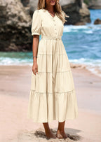 PRETTYGARDEN Women's Midi Dress Casual Short Sleeve V Neck Buttons Belted Ruffle A Line Flowy Dress with Pockets